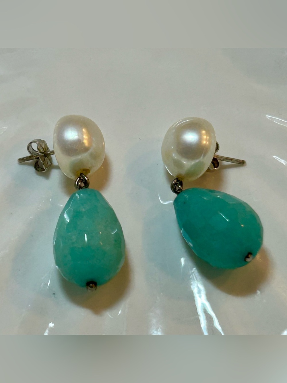Vintage Pearl and Aqua Teardrop Drop Earrings from Spain